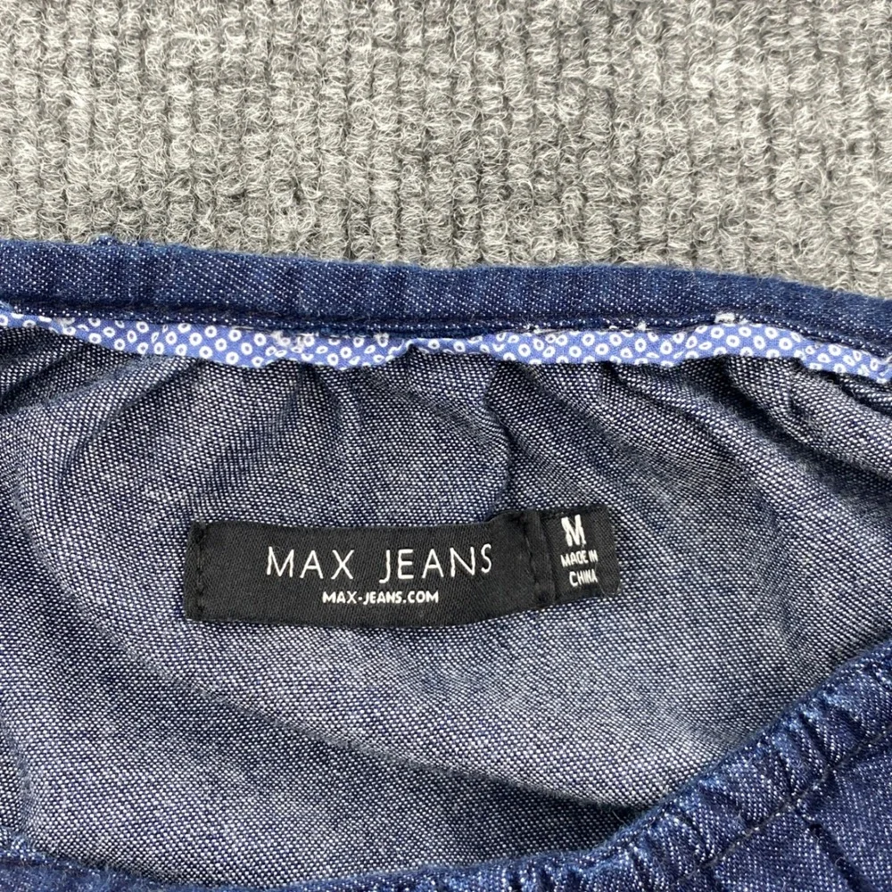 Max Jeans Denim Dress Womens Medium Blue Cold Shoulder Tie Sleeve Boho Casual - Picture 2 of 10